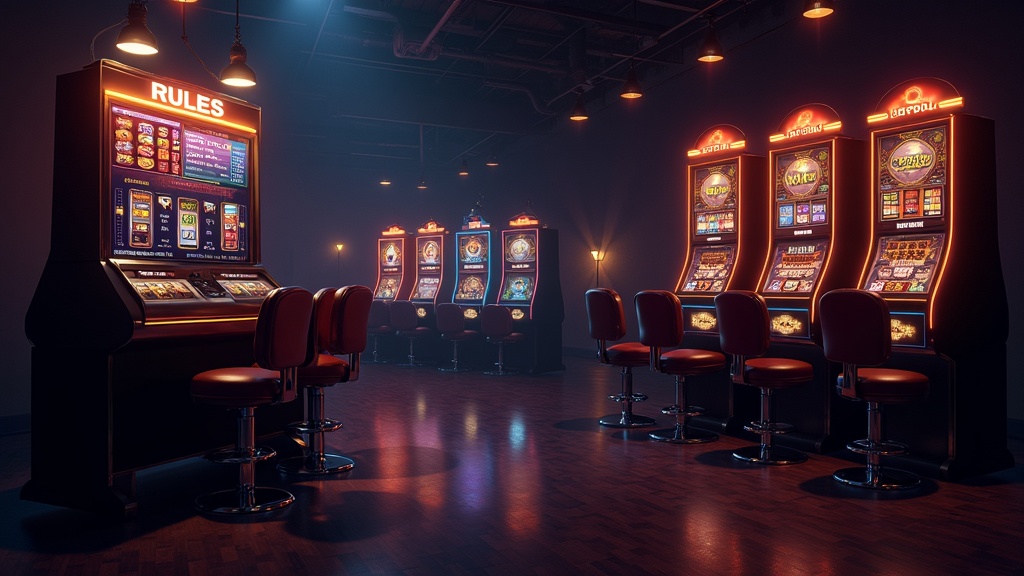 Casino game panels, slot reels and wagering rule icons on a dark floor