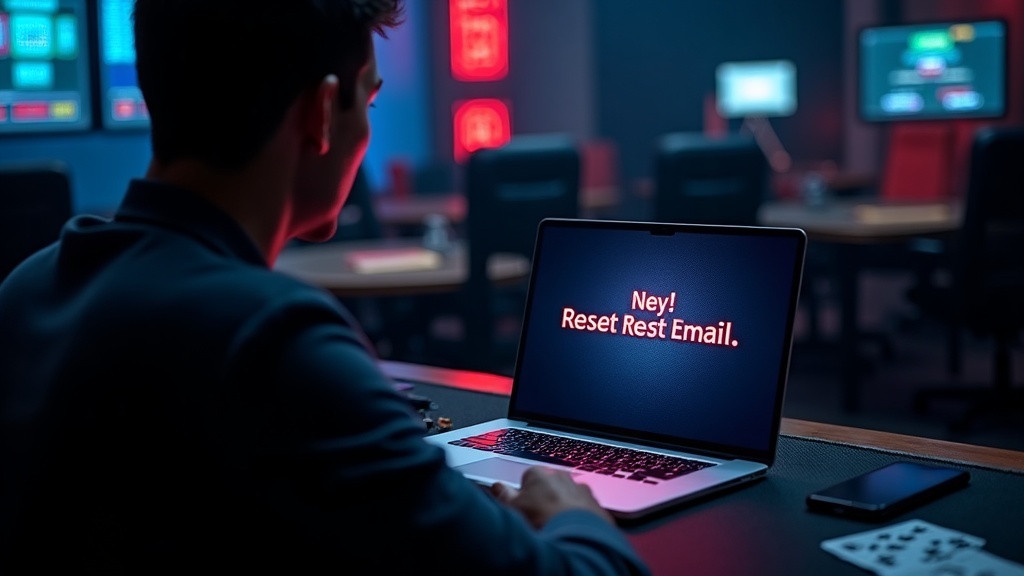 A player dealing with a casino login error and password reset on a laptop