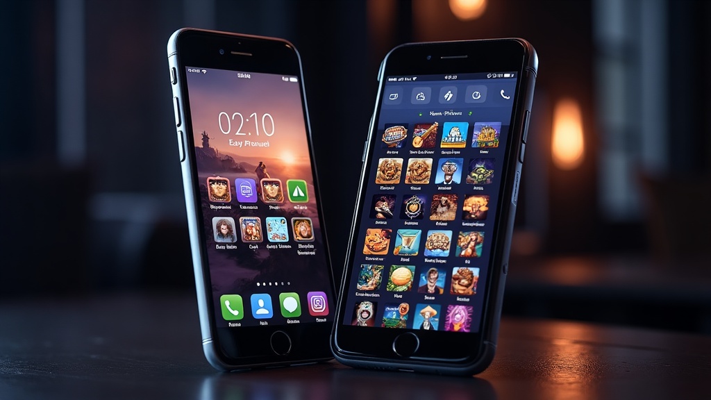 Android and iPhone devices showing a casino lobby in a dark mobile gaming scene