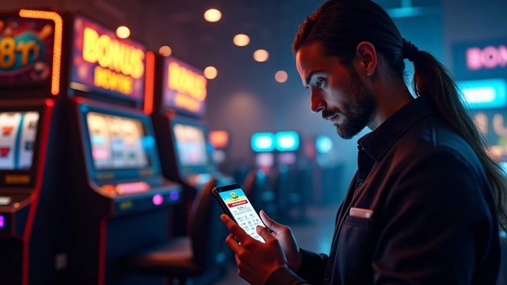 Casino lobby with bonus banners, a slot machine and a player checking offers