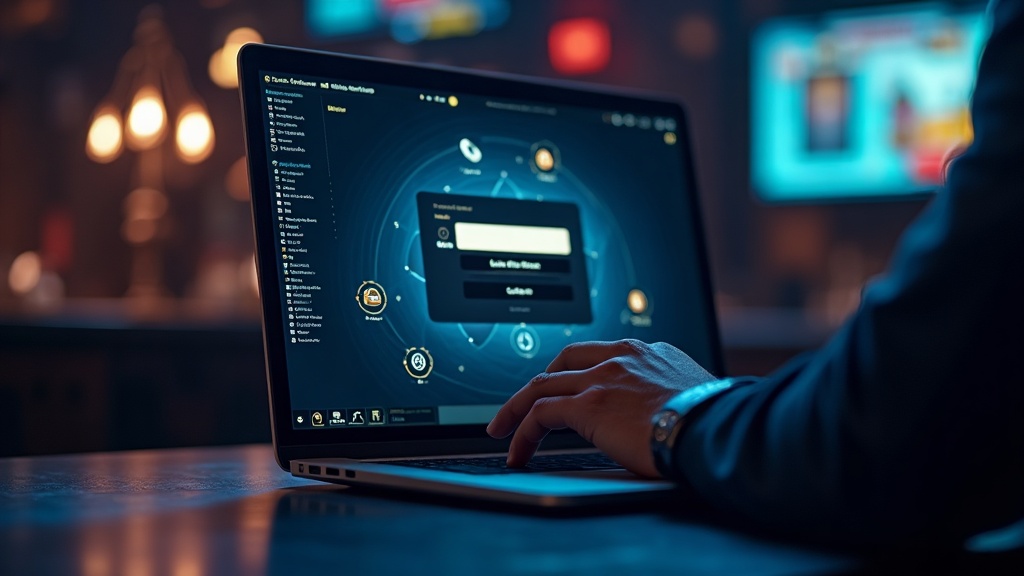 A player logging into a casino account on a glowing laptop in a dark casino setting