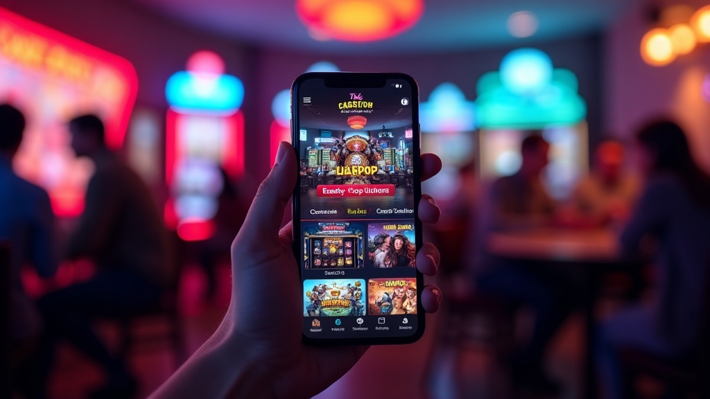 Mobile casino lobby on a smartphone with easy-tap buttons and slot game tiles