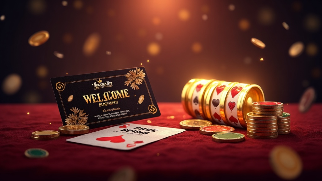Player reviewing a welcome bonus card beside glowing free spins reels